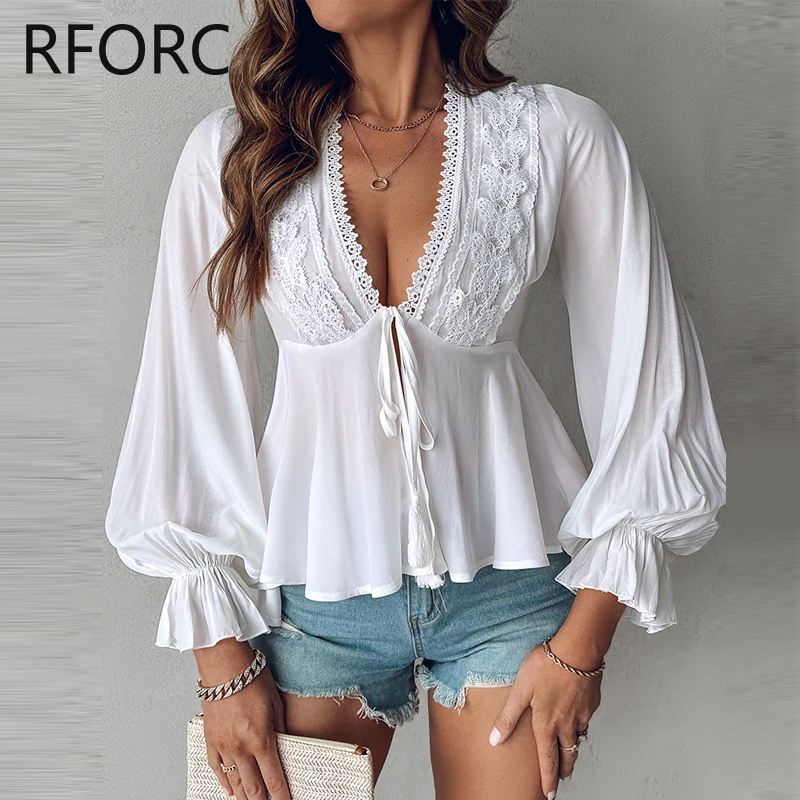 2024  Women Solid Long Sleeves Lace Patchwork Lace Up Sexy V Neck White Blouse Tops