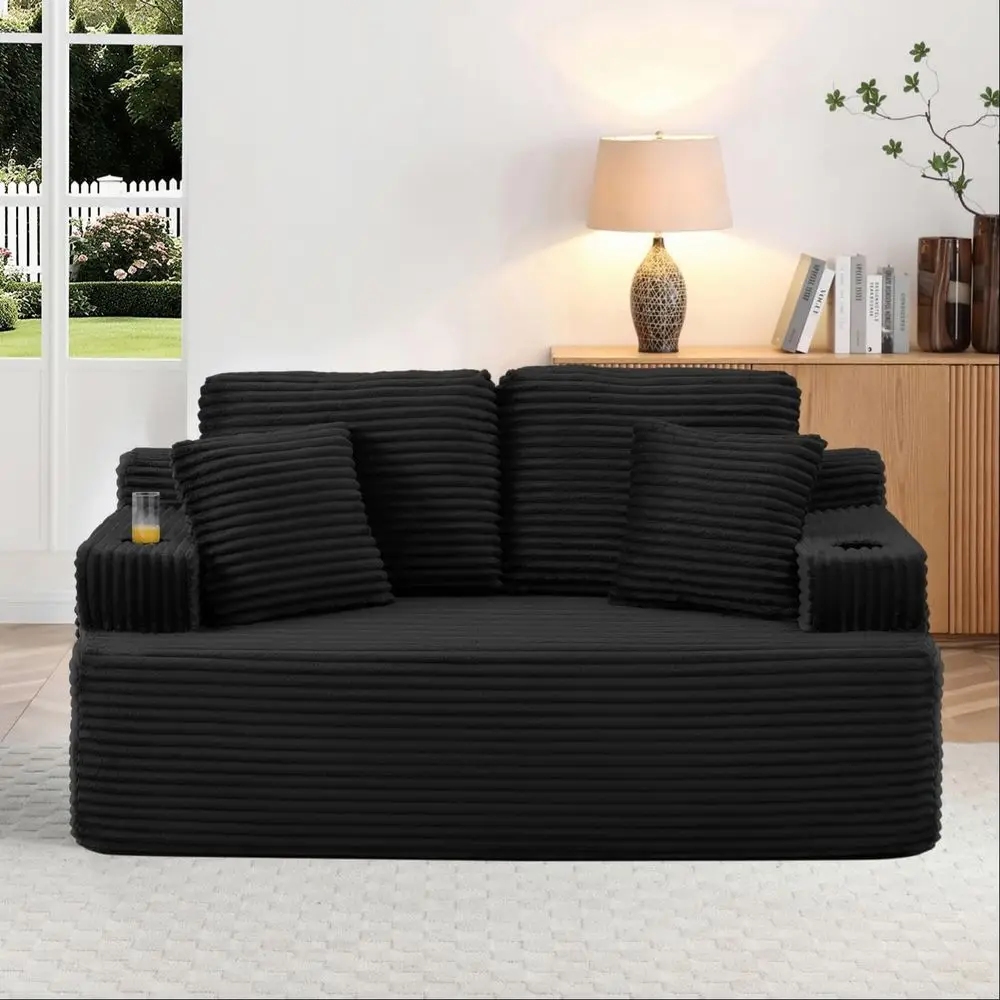 

Диван-софа с обивкой из вельвета 66,5 дюймов с подстаканниками, боковыми карманами и 2 декоративными подушками для гостиной (черный)