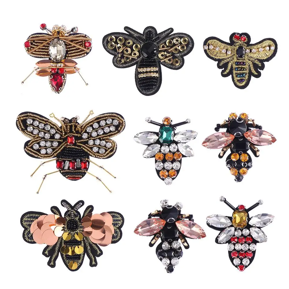 3D Handmade Rhinestone Bee Beaded Patches Sew on Sequin Patch For Bags Clothing Beading Crystal Applique Cute Patch