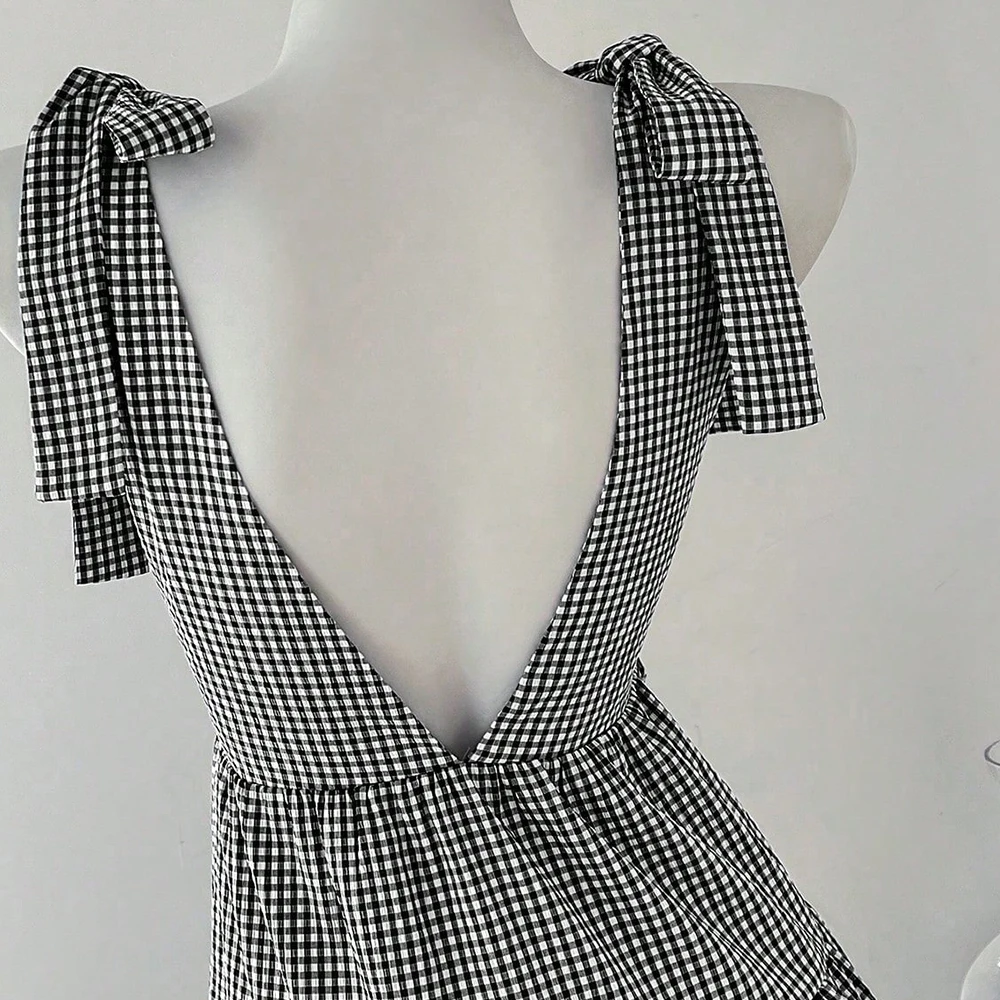 Spring/summer New Women's Casual Wrap Tank Top V-Neck Harajuku Casual Comfortable Breathable Cute Checkered Dress Japan Sweet 5