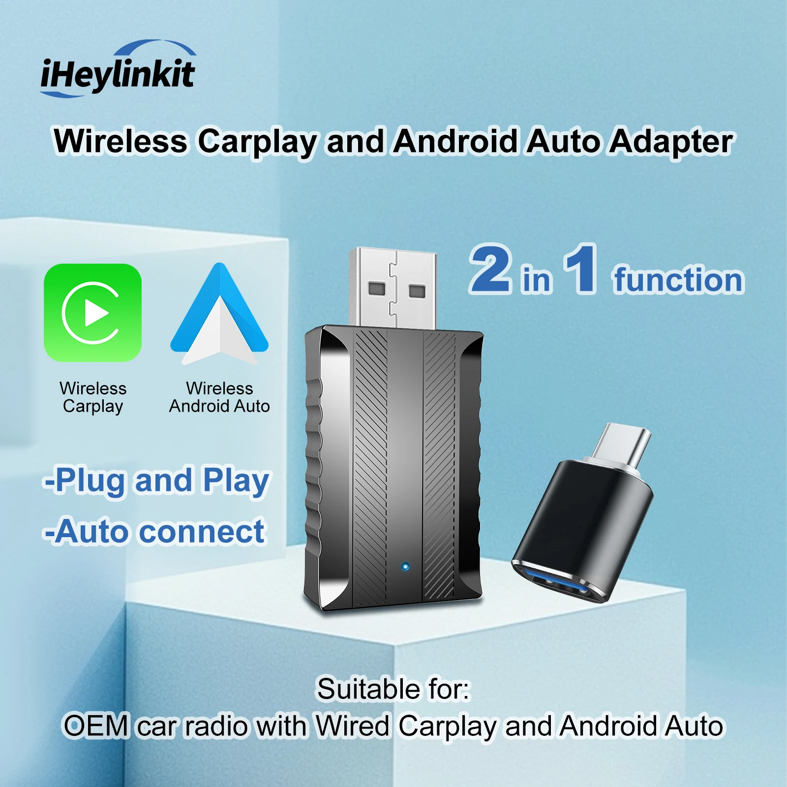 iHeylinkit NEW 2in1 Wired to Wireless CarPlay Android Auto Adapter for OEM Car Stereo With USB Plug and Play