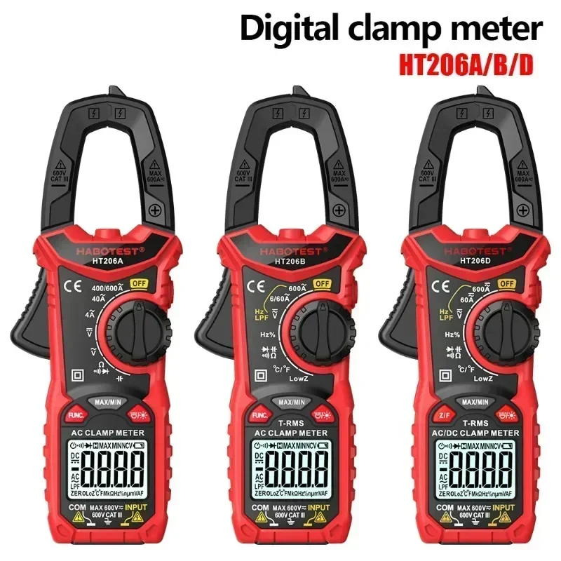 

HT206 Digital Clamp Meter AC DC Current NCV Multimeter Pinza Amperimetrica True RMS Capacitance Ohm Hz Temperature Voltage Test