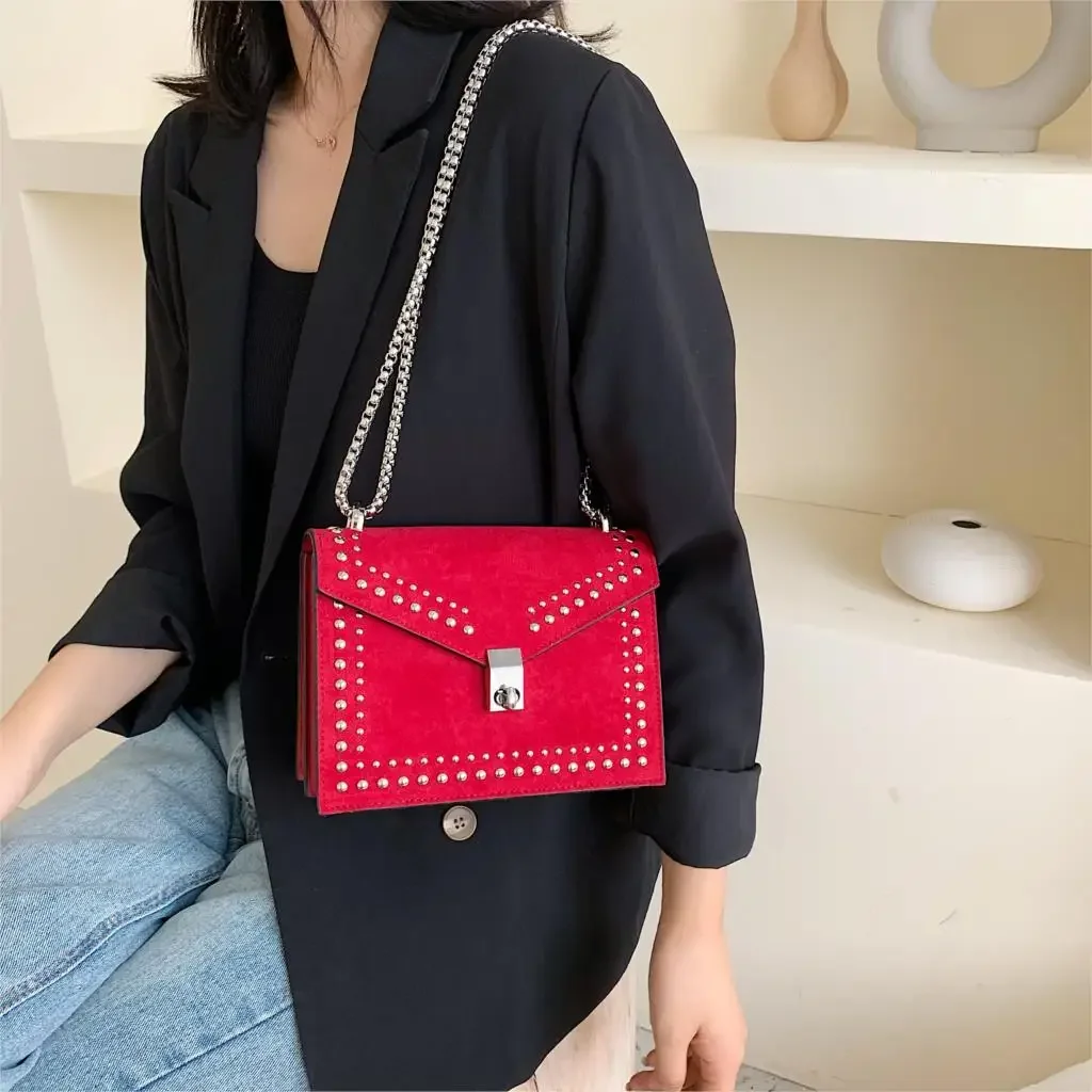 Scrub Leather Brand Designer Shoulder Simple Bags For Women  Chain Rivet Luxury Crossbody Bag Female Fashion Small Handbags