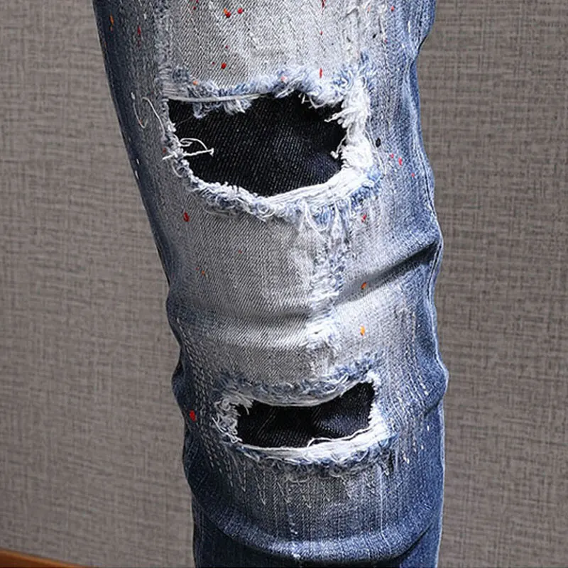 Streetwear Fashion Men Jeans Retro Blue Stretch Slim Fit Hole Ripped Jeans Men Painted Designer Hip Hop Vintage Pants Hombre
