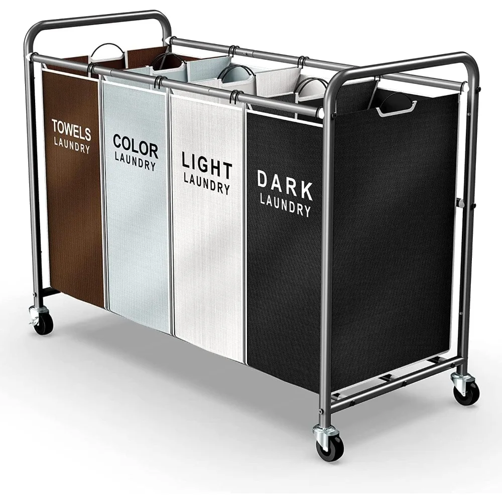 

ROMOON Laundry Hamper Sorter Cart: 4-Section Organizer with Heavy-Duty Lockable Wheels and Removable Bags | 172L Rolling