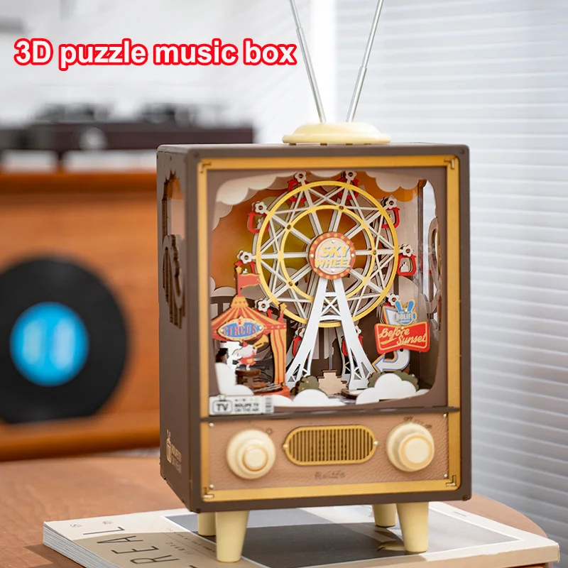 New 3D Wooden Puzzles LED Rotatable Ferris Wheel Music Box Model Mechanical Kit Assembly Decor DIY Toys for Kids Adult Gifts