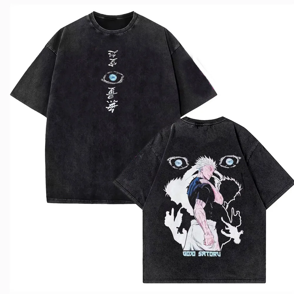 Jujutsu Kaisen Gojo Satoru Grafik-T-Shirt Vintage Washed T-Shirt Herren Damen Kleidung Hochwertige Baumwolle Kurzarm-Shirts