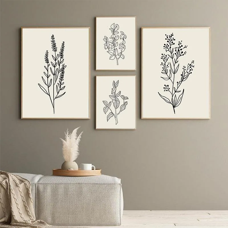 Einfaches Nordisches Abstraktes Schwarz-Weißes Linien-Pflanzen-Leinwandposter Wohnzimmer-Hintergrund Schlafzimmer-Wanddekoration Nur Leinwanddruck