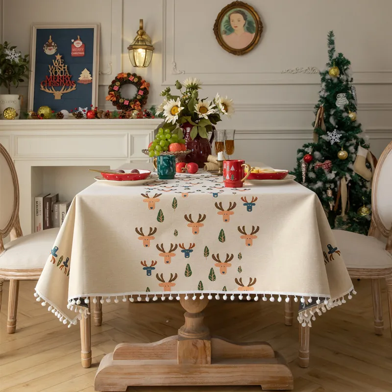 

Christmas Jacquard Tablecloth with White Balls, Rectangular Dining Table or Coffee Table Cover for Holiday Decor