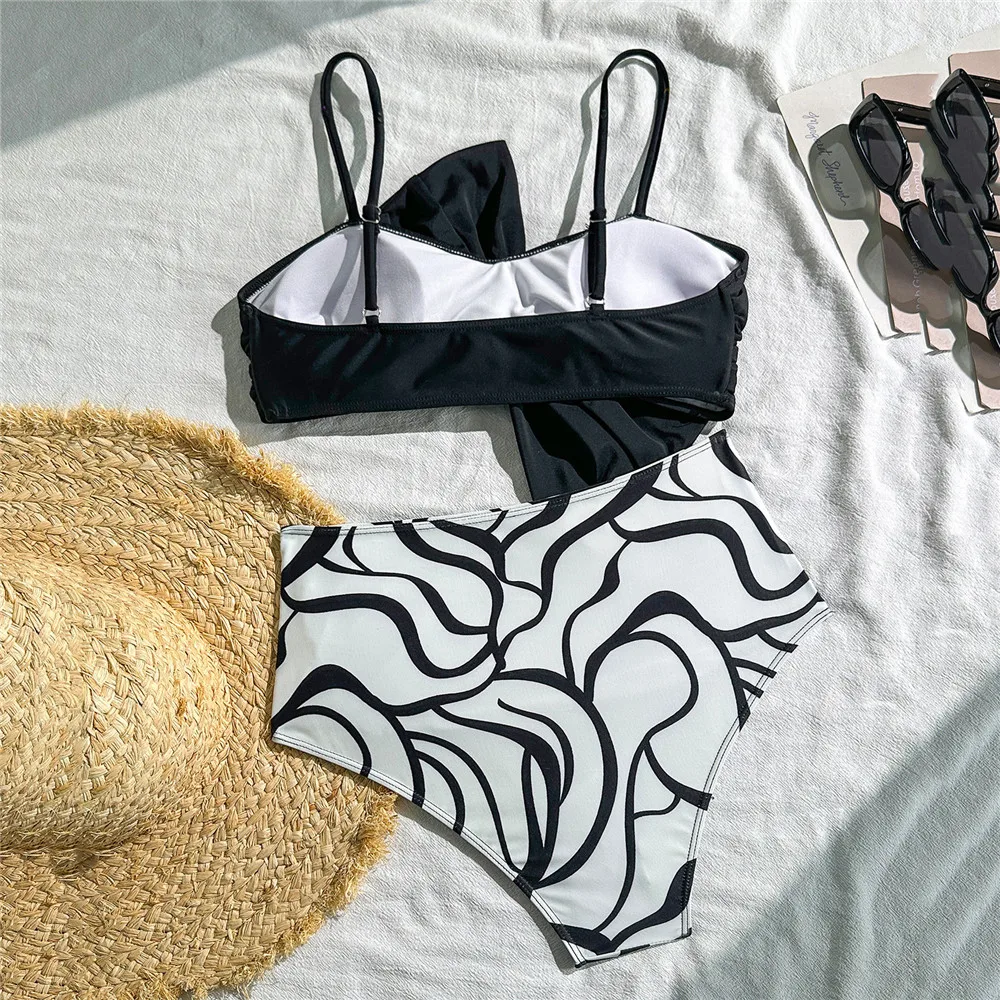 Sexy Black Front Big Bow Knotted Swimwear High Waist Bikinis Sets Wave Print Swimsuit Woman 2026 Ruched Bather Bikini Mujer