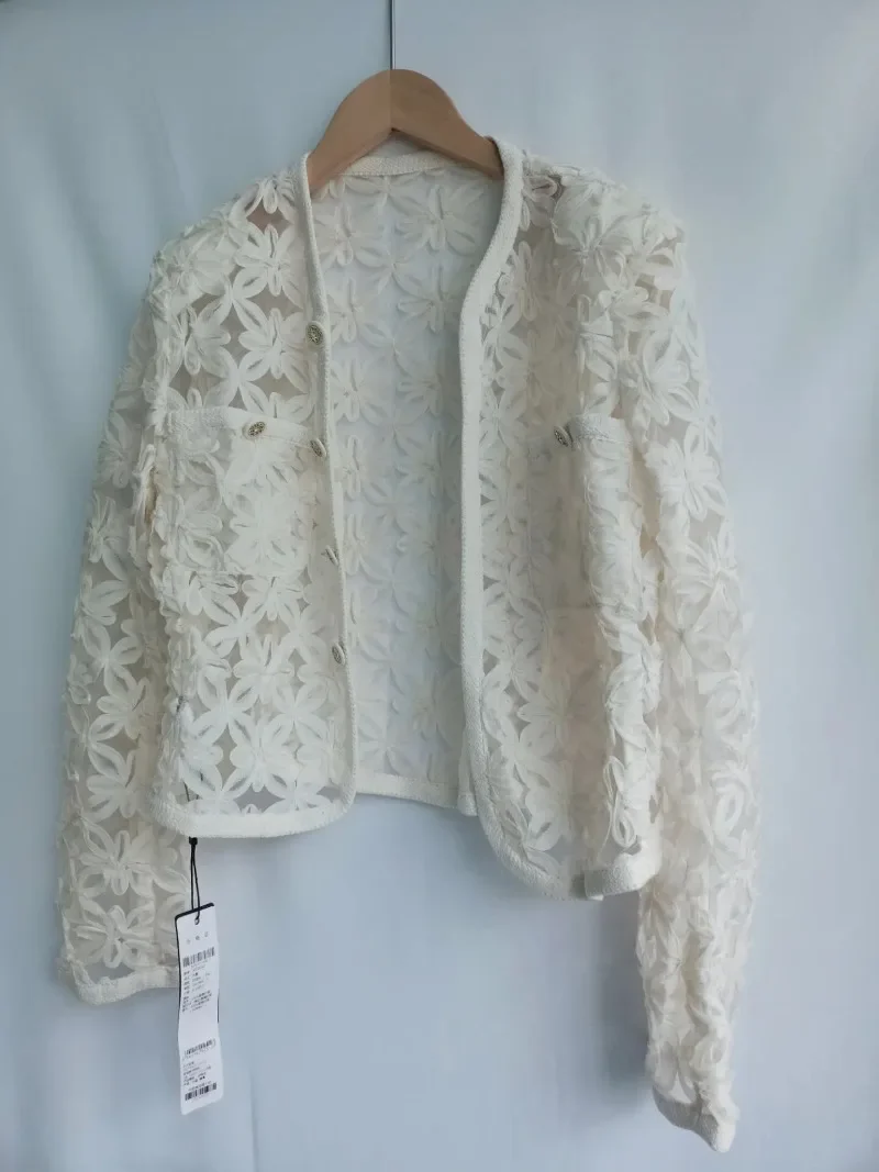 Elegant Lace Hook Flower Hollwo Out Sweet Jacket O-neck Thin Short Coat Women Spring Summer NewLong Sleeve Outwears Female