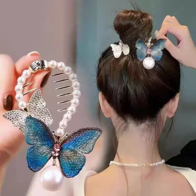 Blue Butterfly Pearl Ponytail Holder Elegant High Ponytail Hair Claw Clamp Women Girls Vintage Elegant Hairpins Ponytail Buckle