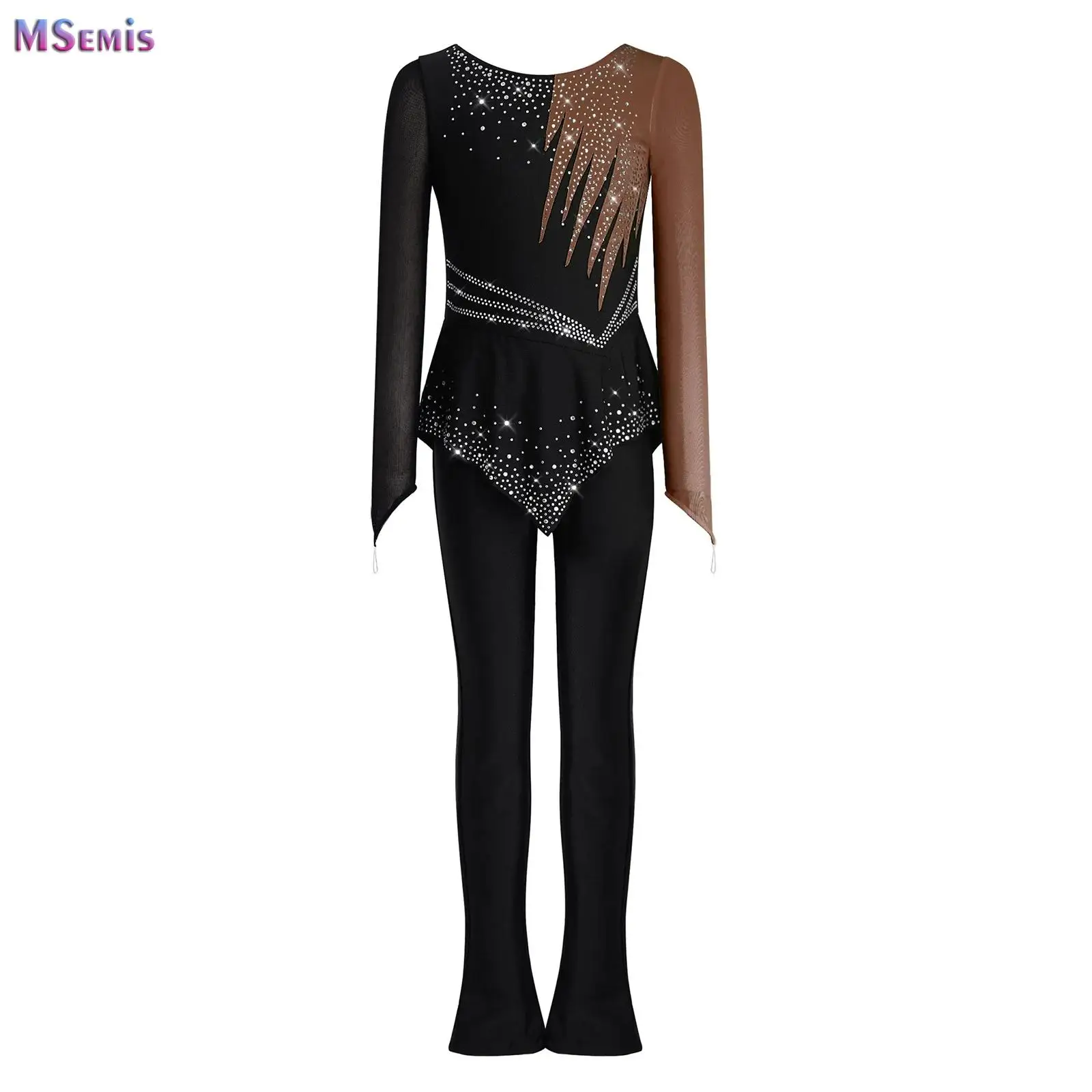 

Kids Girls Figure Skating Jumpsuit Color Block Long Sleeve Asymmetrical Shiny Rhinestones Tulle Peplum Bodysuit Ballet Dancewear