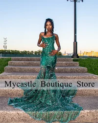 Green Lace Beaded Long Mermaid Prom Dress For Black Girl 2024 New Arrivals Evening Dresses Wedding Party Gown Lace up