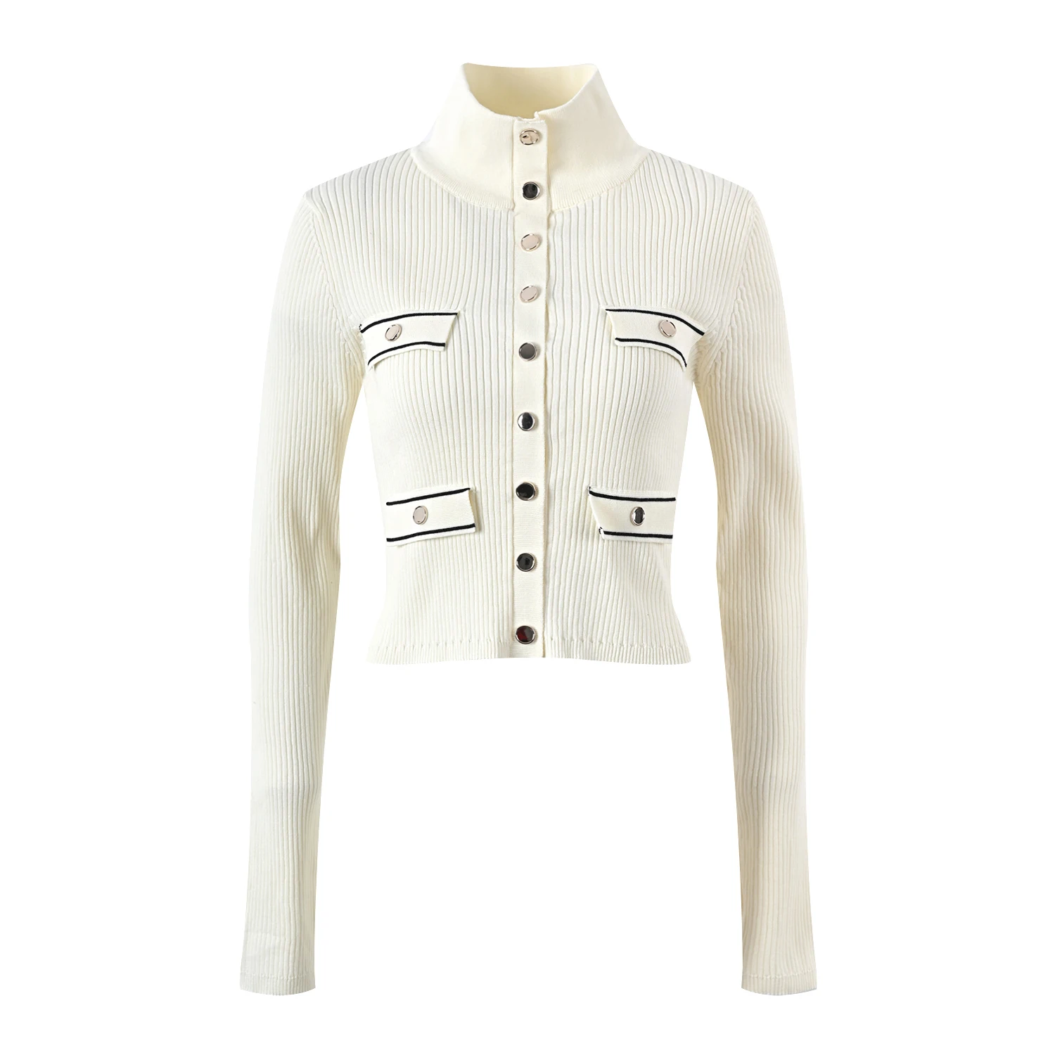 

Ele High-Ne Вязаная верхняя одежда Jaet ort Metal Bule Украшенная верхняя одежда для женщин Весенний сезон Long Sve ort Length