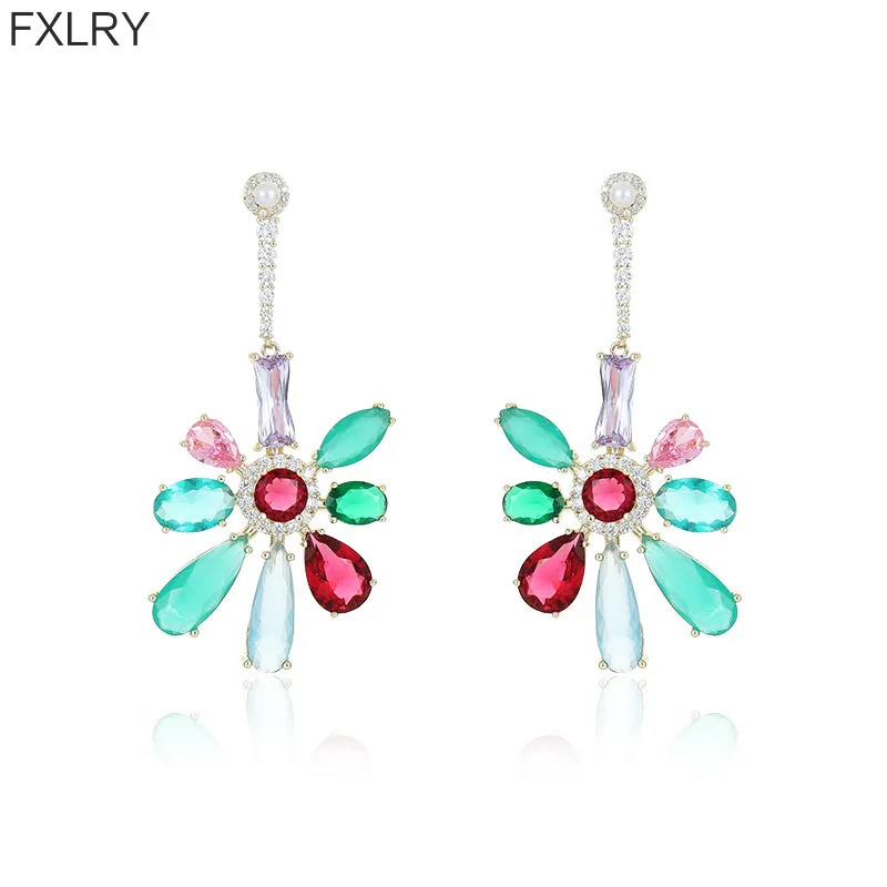 FXLRY Fashion Temperament Color S925 Silver Needle Sweet Personality Cubic Zirconia Earrings for Women