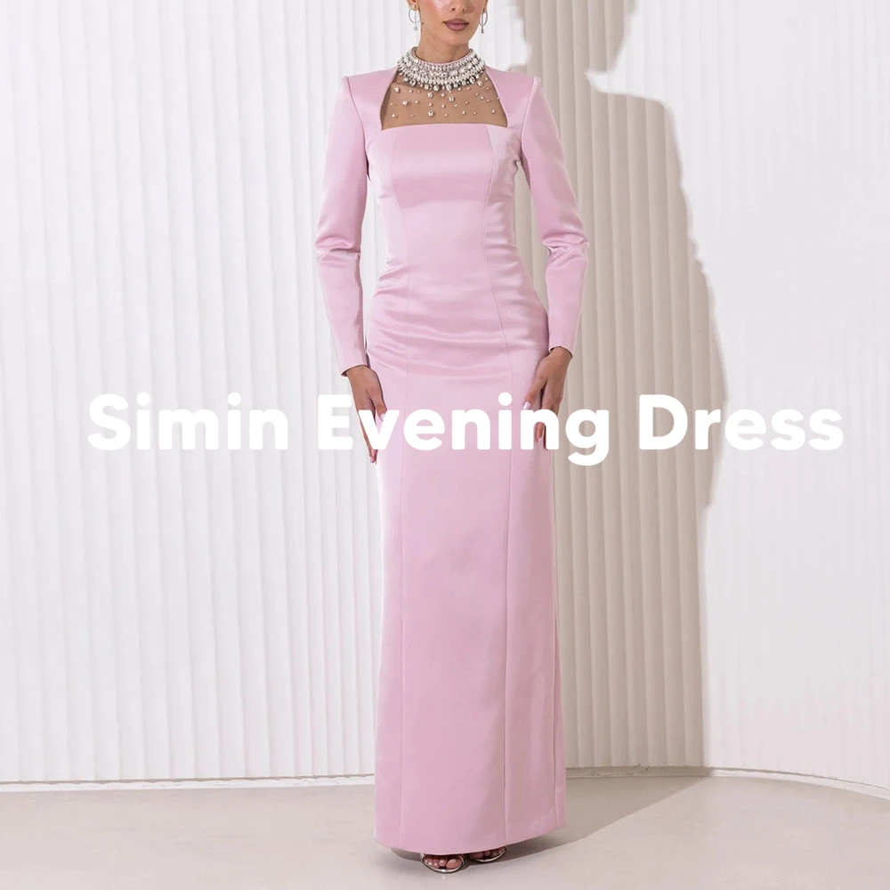 

Simin Women's O-neck Straight Beaded Saudi Evening Dresses With Long Sleeves Floor-Length Formal Elegant Party Dresses 2025