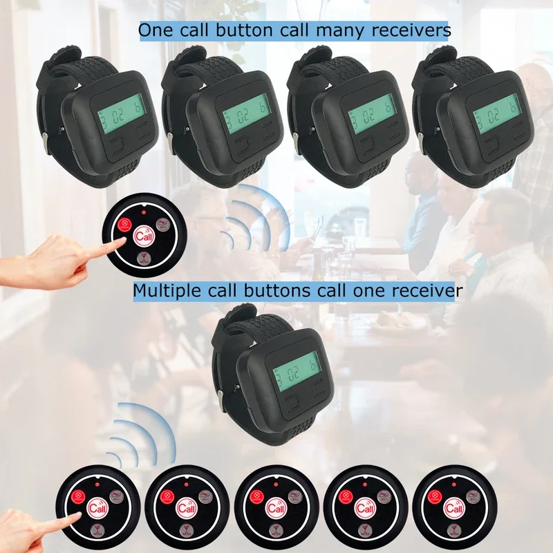 QWICALL Wireless Restaurant Calling System 1 Watch Receiver Pager 10 Waiter Table Button Bell Transmitters for Clinic Cafe