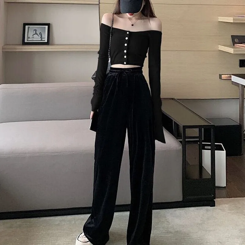 Haut à manches longues à col slash pour document uni, t-shirt nombril sexy, haut slim, version coréenne, exposition