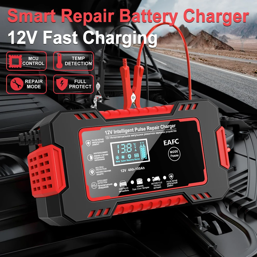 Car Battery Charger 12V 6A Pulse Repair LCD Display Smart Fast Charge AGM Deep Cycle GEL Lead-Acid Charger For Auto Motorcycle