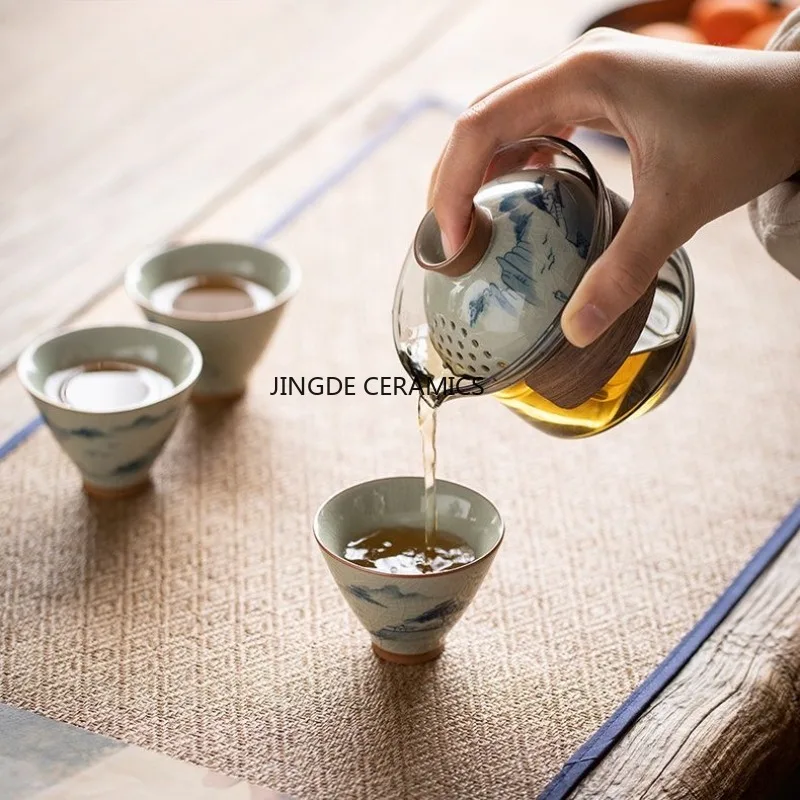 Hand Drawn Outdoor Travel Tea Set Portable, One Pot and Three Cups Underglaze Color Teapot Set Tea Ceremony Accessories