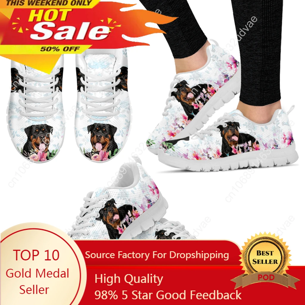 New Rottweiler Design White Soft Sole Casual Sneakers Floral Print Lace Up Sneakers Animal Shoes Zapatos Planos