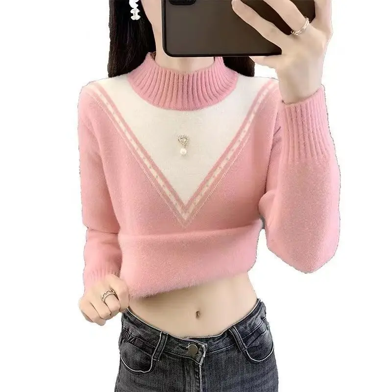 Jesienno-zimowy ciepły sweter damski w stylu chińskim, uniwersalna koszulka bazowa, dopasowany kolorystycznie golf, dzianinowy pulower.