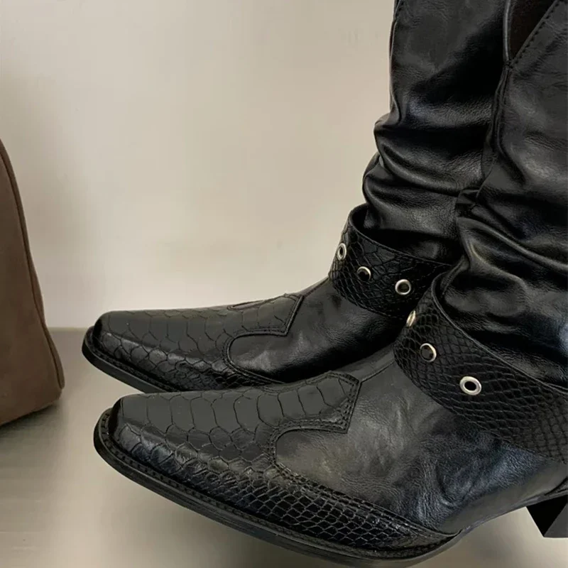 Aneikeh Punk Motorcycle Style Splicing Snake Pattern Low Heels Ankle Boots Woman Pointed Toe Shoes Fashion Belt Buckle Booties
