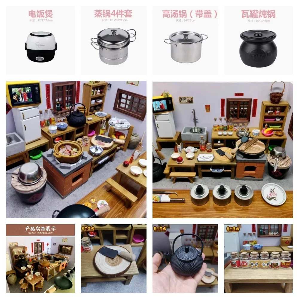 Doll House Miniature Kitchen Accessories Chinese Simulation Cooking Stove Cookware Model Miniature Tableware Seasoning Pot Bjd