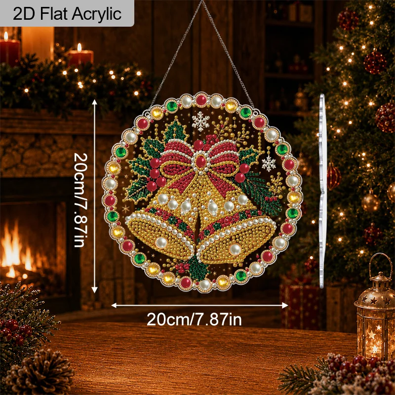 2Pcs/Set Pearl Diamond Painting Suncatcher, 2D Flat Acrylic DIY Round Lace Edge Round Pendant, Pre-attached Chain, Christmas