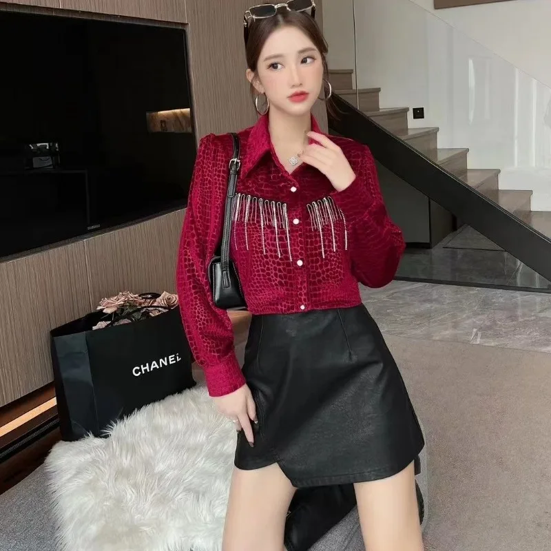 Women Clothing French Style Vintage Print Chain Shirt Office Lady Elegant Chic Gold Velvet Blouse Casual Long Sleeve Loose Tops