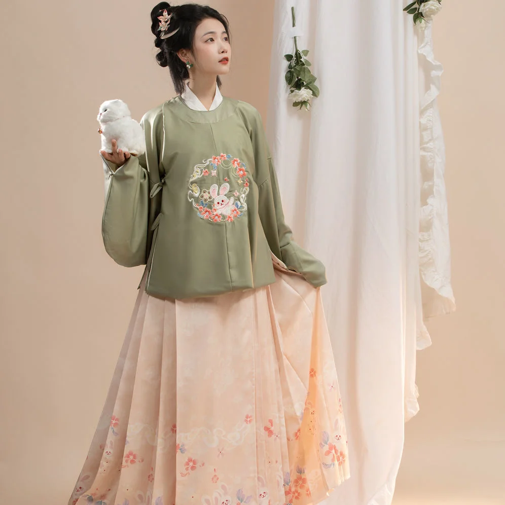 

Rabbit Hanfu Women's Ming Dynasty Round Neck Large lapel Embroidered pipa sleeve Ma Mian Skirt Autumn Winter Hanfu 2023 Chinese