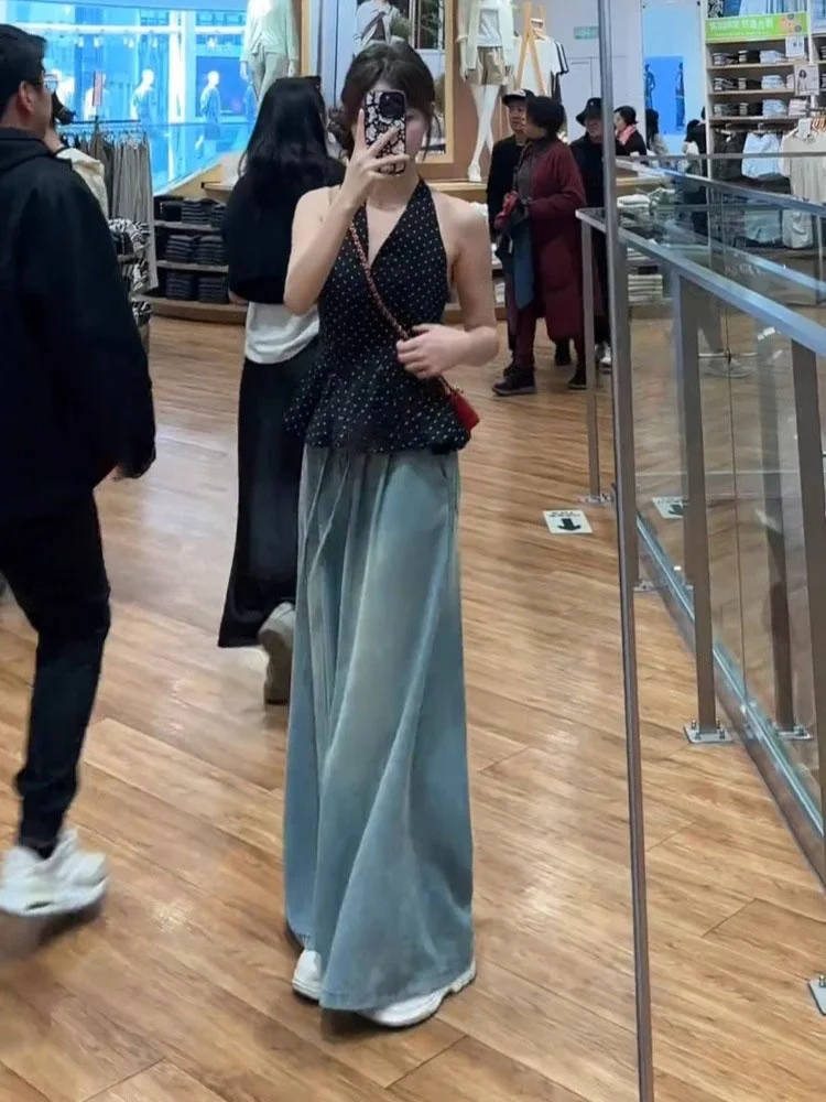 plus Size Silk Wide Leg Jeans Women's Thin Autumn New Fat MM Drapey Hip Conceal Slimming Ice Silk Floor-Length Pants