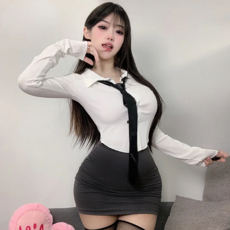 Sexy Secretary Uniform Cosplay Costume White Shirt Mini Skirt Set Women OL Teather Outfits Roleplay Nightwear Underwear Lingerie