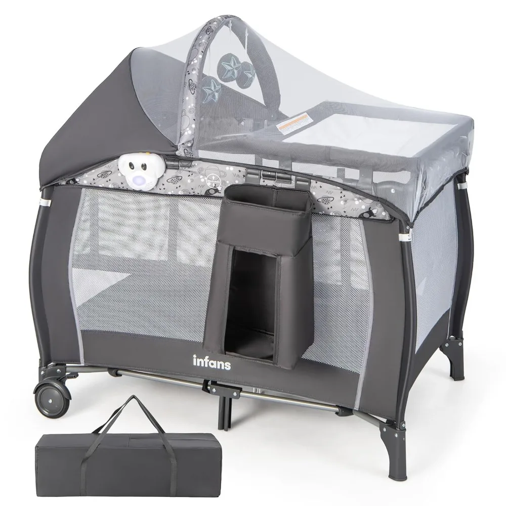 

4 in 1 Pack and Play, Portable Travel Baby Playard with Bassinet, Changing Table, Canopy, Mosquito Net, Hanging Toys,
