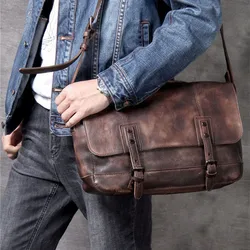 Vintage first layer cowhide men's large-capacity shoulder bag outdoor daily work genuine leather teens tablets crossbody bag