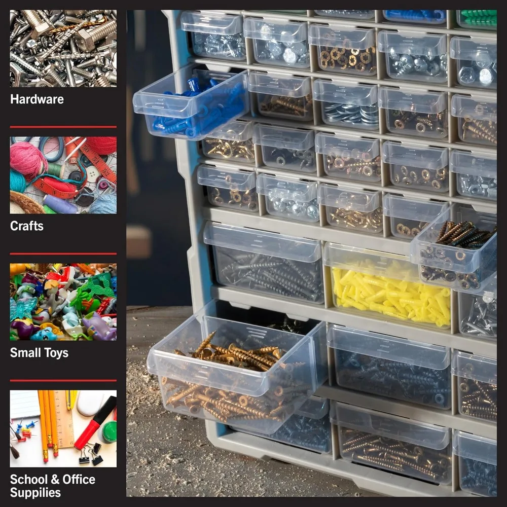 

39-Drawer Plastic Small Parts Organizer - Desktop or Wall Storage Drawers for Organizing Hardware, Crafts, Garage