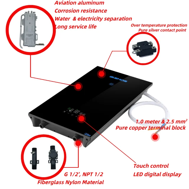 สมาร์ทขนาดเล็กเครื่องทําน้ําอุ่นไฟฟ้าทันที 9kw Tankless เครื่องทําน้ําอุ่นทันทีสําหรับห้องครัวบ้านห้องน้ํา