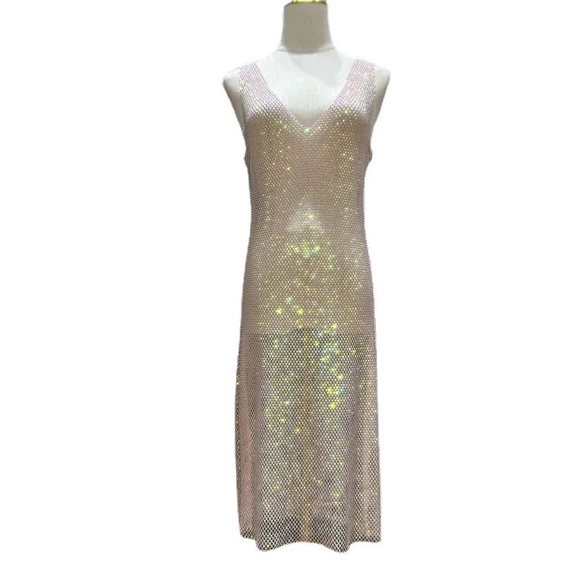 Sexy See Through strass Club Dress donna scollo a v profondo Sheer Shiny Diamond Mesh Base Glitter Crystal Backless abiti da sera