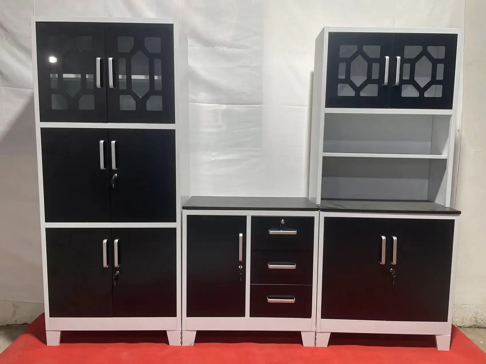 Metal Kitchen Units 3 Pieces Storage Cabinets 6 Doors Steel Cupboard Set