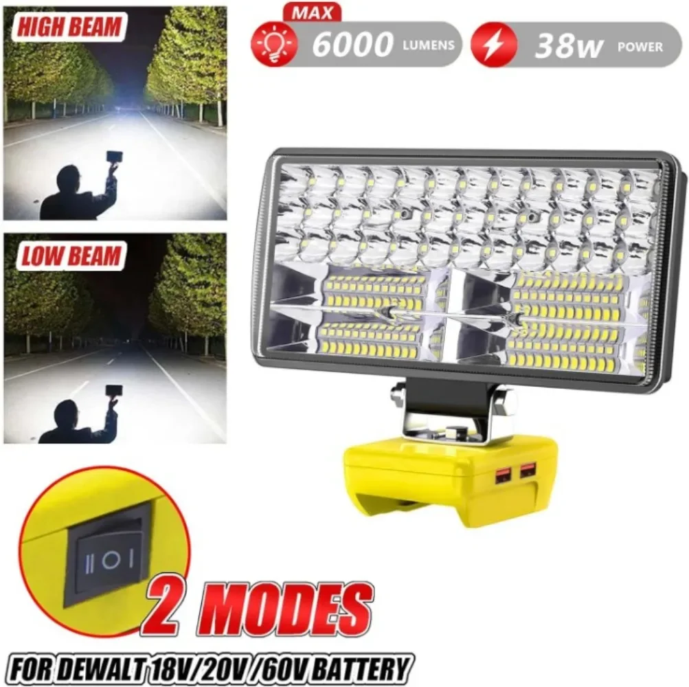 6000 LM 38W Cordless LED Work Light Compatible with DeWalt 20V Battery 2.1A USB Portable Flashlight LED Flood Light with 2 Modes