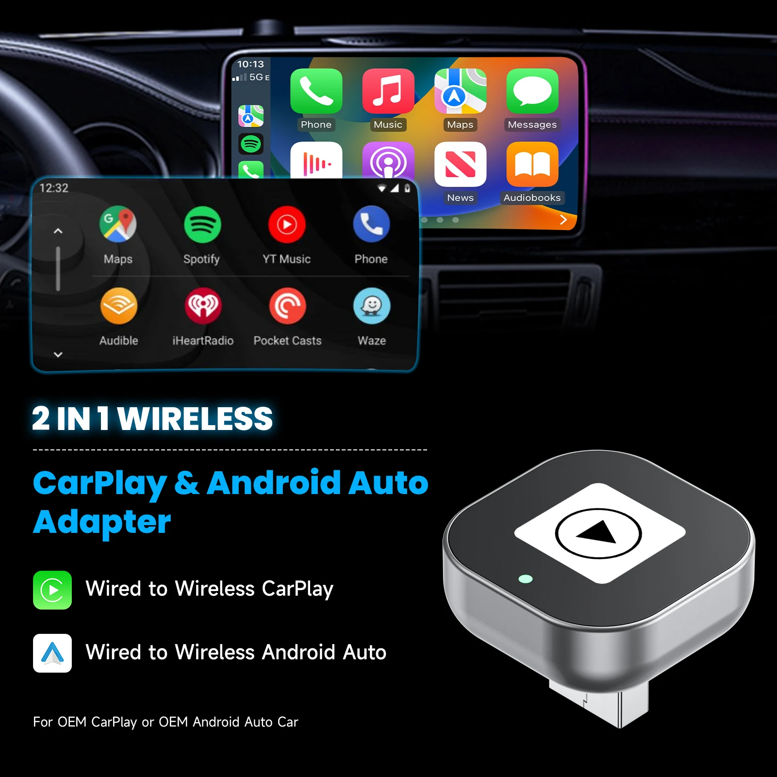 2 in1 Wired to Wireless CarPlay Adapter Plug & Plug Auto Connect Converts for Wired Cars Compatible CarPlay & Android AUTO Phone