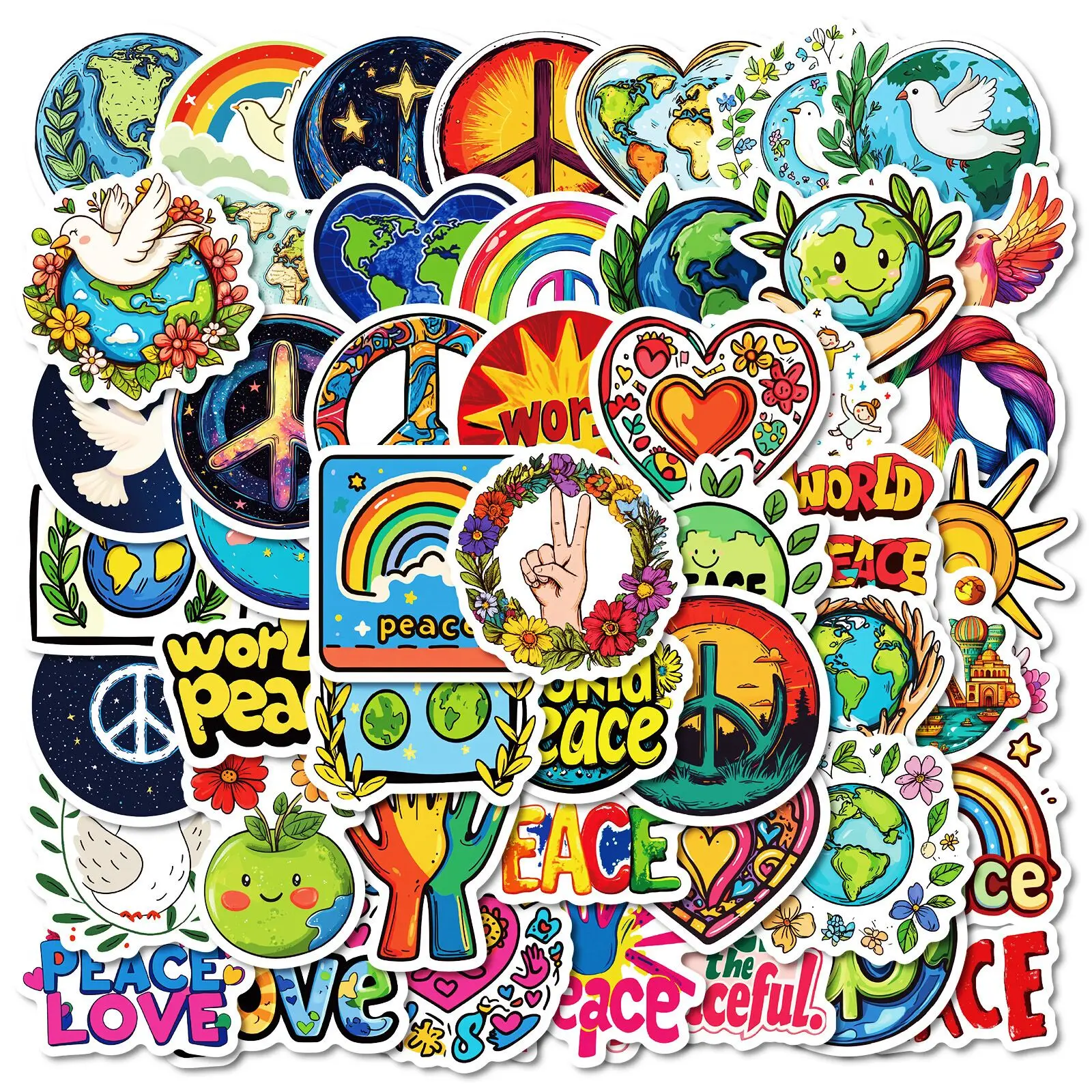 Hippies estilo adesivos para DIY, paz mundial e amor, decalques dos desenhos animados, proteger a terra, decalques para laptop, telefone, bagagem, skates, diário, 10 pcs, 50pcs