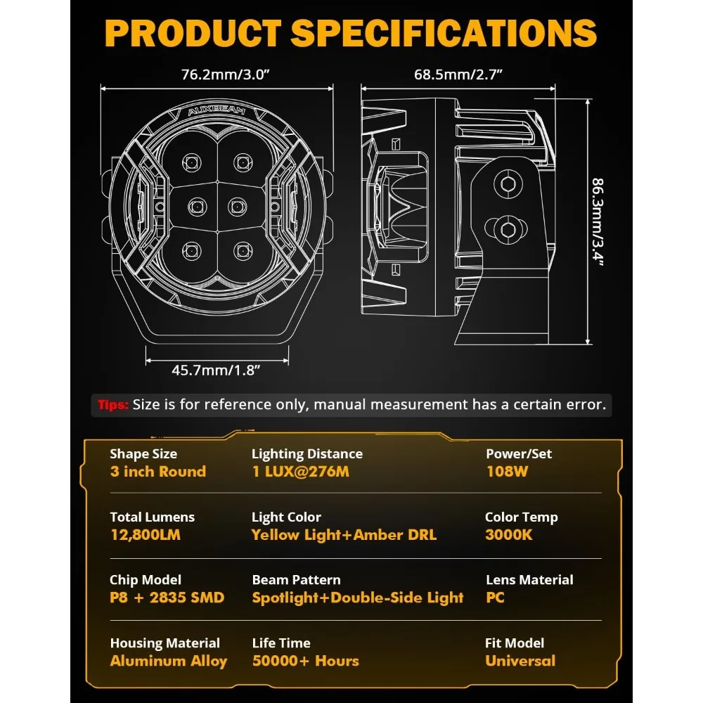 

3-дюймовые 108 Вт светодиодные круглые внедорожные фонари, 3 режима, янтарный DRL 270 ° Прожекторы с широким лучом и крышками Жгут проводов DT для Jeep