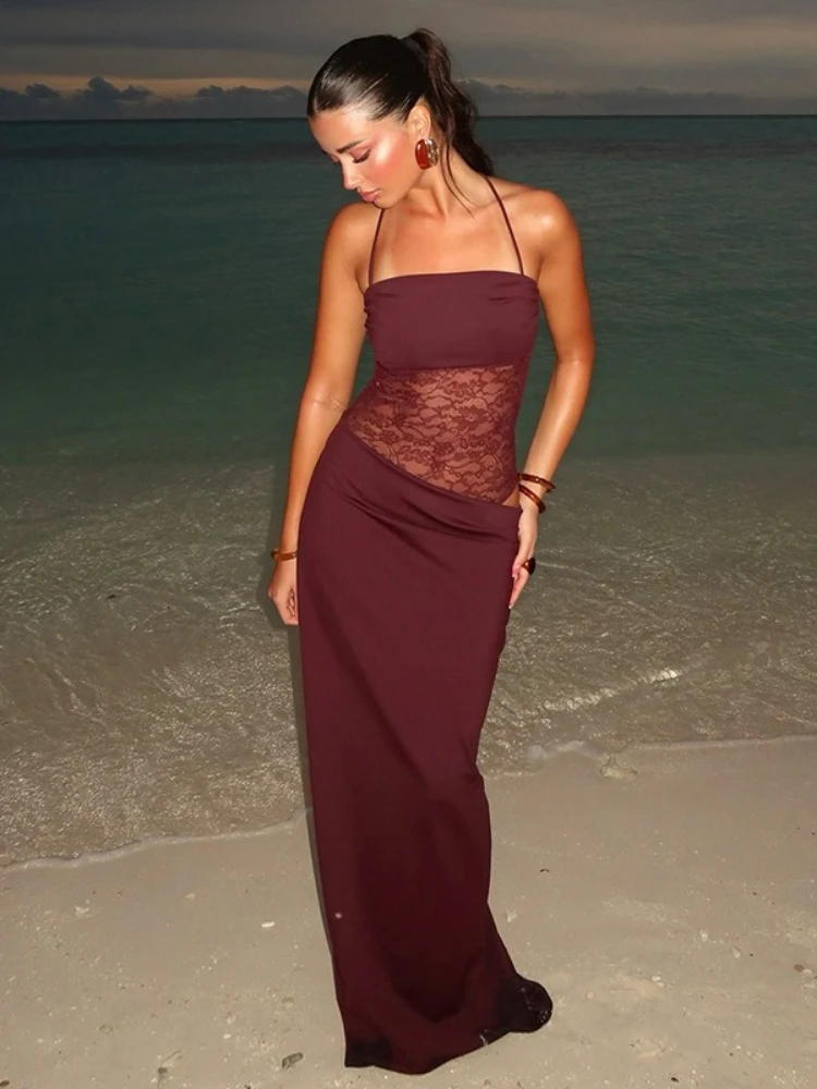 XIAOTANG pure dentelle Sexy robe Maxi pour les femmes élégant évider Spaghetti sangle sans manches dos nu moulante soirée longue robe