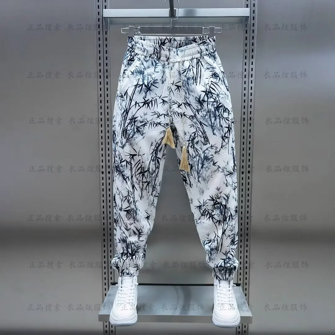 Calça Harem Respirável Masculina, Bamboo Printed Joggers, Calças de Cordão, Streetwear Casual, Verão 2024