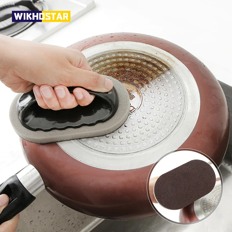 WIKHOSTAR Kitchen Sponge Cleaning Brush Strong Decontamination Brush Magic Sponge Pan Brush With Handle Kitchen Gadgets