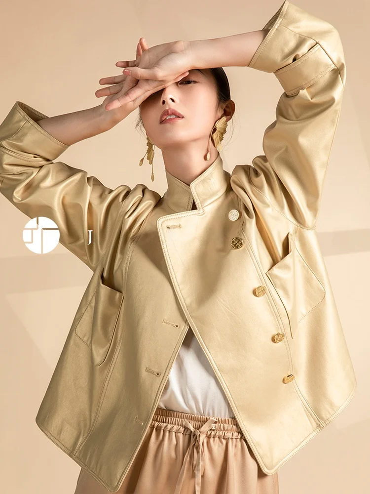 

Chinese Sle ort PU Leather Jaet Women's Spring Autumn Outerwear Simulated Leather Coat Interface Brand Commute Sle