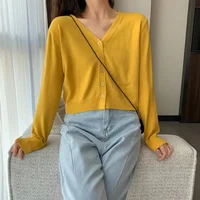 Women's Long Sleeve Cropped Cardigan V Neck Button Down Knit Lady Autumn Spring Knitted Single-breasted Cardigan Sweaters - Image 6