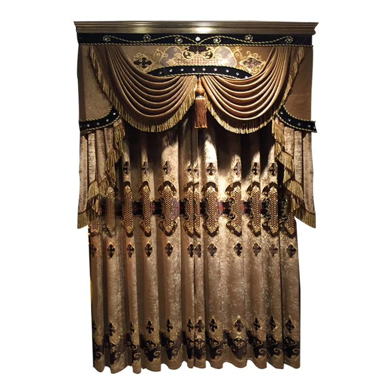 European Coffee Color Chenille Hollow Out Embroidered Curtains for Screen Living Room Bedroom Villa High Window Customized